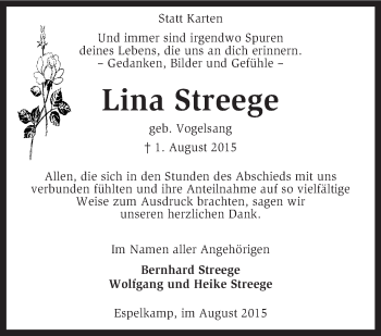 Traueranzeige von Lina Streege von KRZ