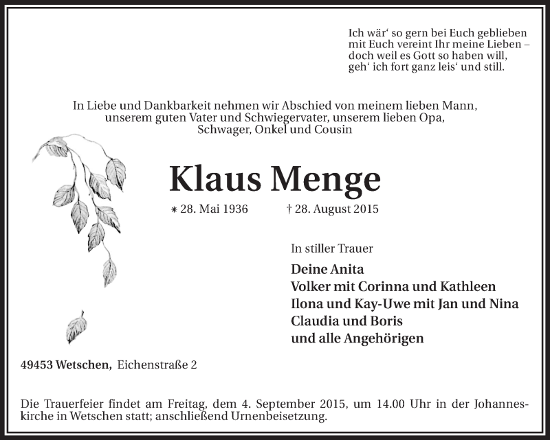  Traueranzeige für Klaus Menge vom 02.09.2015 aus KRZ