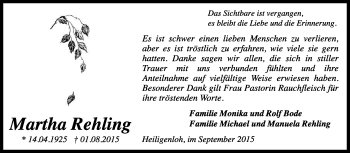 Traueranzeige von Martha Rehling von KRZ