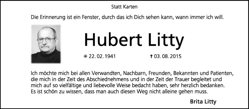  Traueranzeige für Hubert Litty vom 29.08.2015 aus KRZ