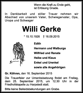 Traueranzeige von Willi Gerke von KRZ