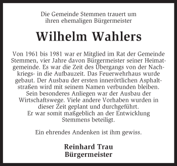 Traueranzeige von Wilhelm Wahlers von KRZ