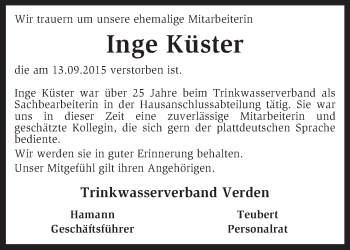 Traueranzeige von Inge Küster von KRZ