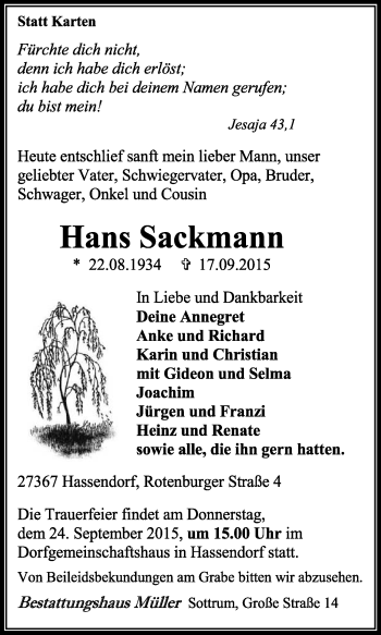 Traueranzeige von Hans Sackmann von KRZ