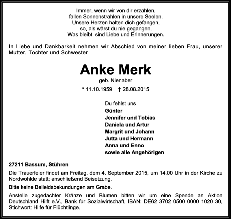  Traueranzeige für Anke Merk vom 02.09.2015 aus KRZ