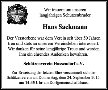 Traueranzeige von Hans Sackmann von KRZ