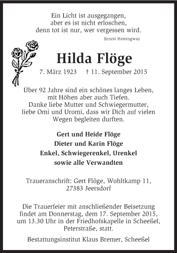 Traueranzeige von Hilda Flöge von KRZ