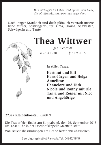 Traueranzeige von Thea Wittwer von KRZ