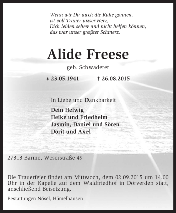 Traueranzeige von Alide Freese von KRZ