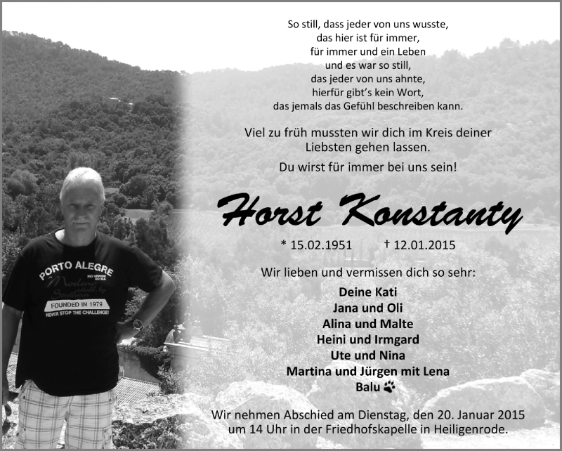  Traueranzeige für Horst Konstanty vom 13.01.2015 aus Kreiszeitung