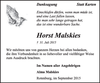 Traueranzeige von Horst Malskies von KRZ