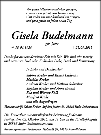 Traueranzeige von Gisela Budelmann von KRZ