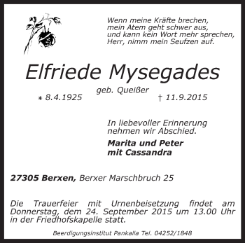 Traueranzeige von Elfriede Mysegades von KRZ