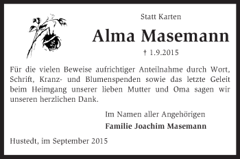 Traueranzeige von Alma Masemann von KRZ