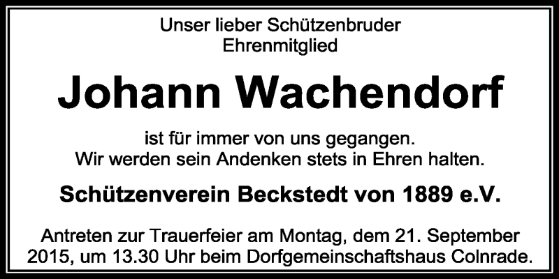  Traueranzeige für Johann Wachendorf vom 18.09.2015 aus KRZ