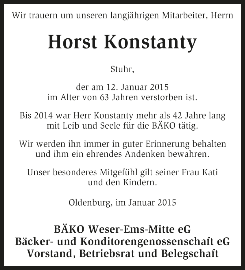  Traueranzeige für Horst Konstanty vom 15.01.2015 aus Kreiszeitung