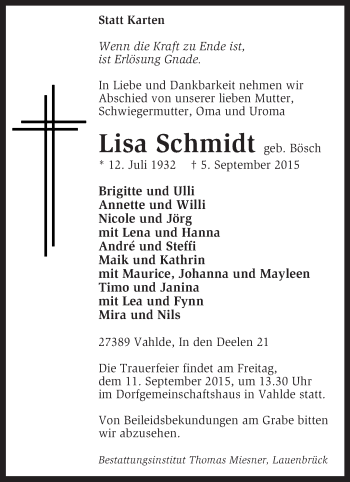 Traueranzeige von Lisa Schmidt von KRZ