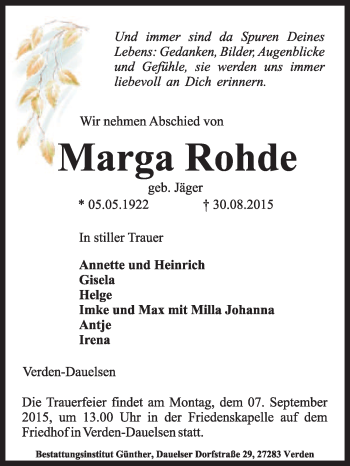 Traueranzeige von Marga Rohde von KRZ