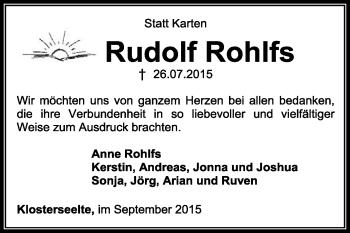 Traueranzeige von Rudolf Rohlfs von KRZ