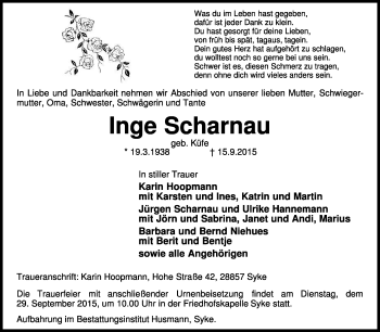 Traueranzeige von Inge Scharnau von KRZ