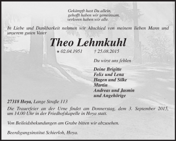 Traueranzeige von Theo Lehmkuhl von KRZ