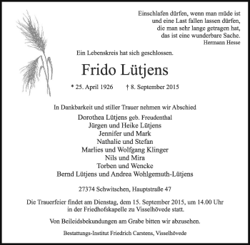 Traueranzeige von Frido Lütjens von KRZ