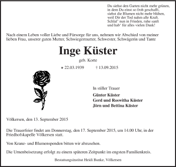 Traueranzeige von Inge Küster von KRZ