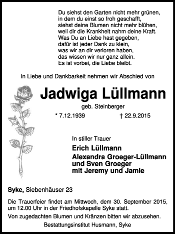 Traueranzeige von Jadwiga Lüllmann von KRZ