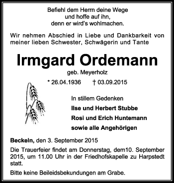 Traueranzeige von Irmgard Ordemann von KRZ