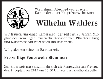 Traueranzeige von Wilhelm Wahlers von KRZ