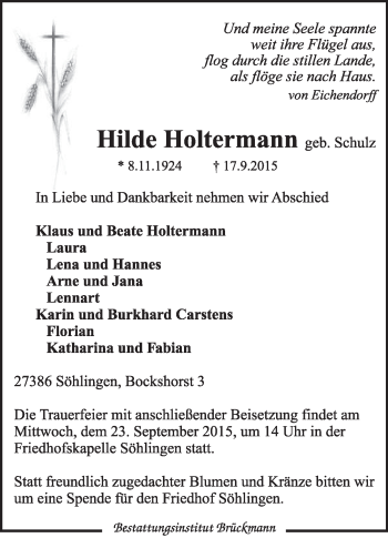 Traueranzeige von Hilde Holtermann von KRZ