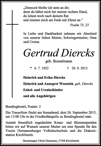 Traueranzeige von Gertrud Diercks von KRZ