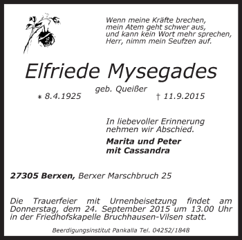 Traueranzeige von Elfriede Mysegades von KRZ