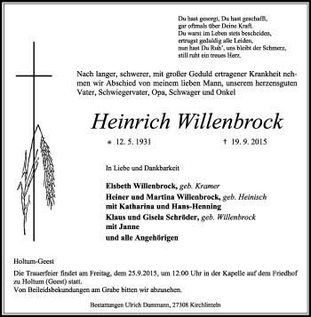 Traueranzeige von Heinrich Willenbrock von KRZ