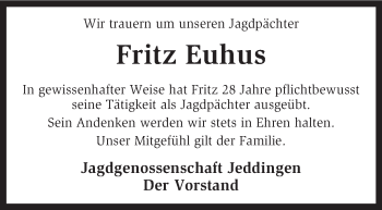 Traueranzeige von Fritz Euhus von KRZ