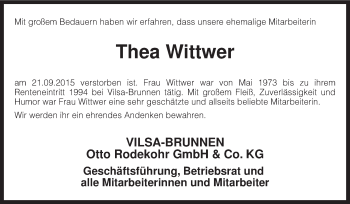 Traueranzeige von Thea Wittwer von KRZ