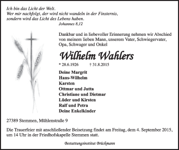 Traueranzeige von Wilhelm Wahlers von KRZ