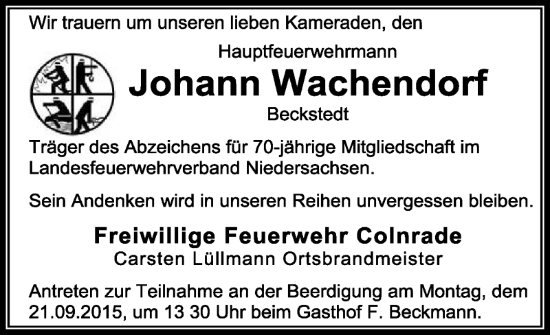  Traueranzeige für Johann Wachendorf vom 18.09.2015 aus KRZ