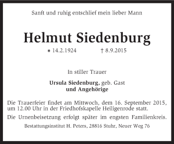 Traueranzeige von Helmut Siedenburg von KRZ