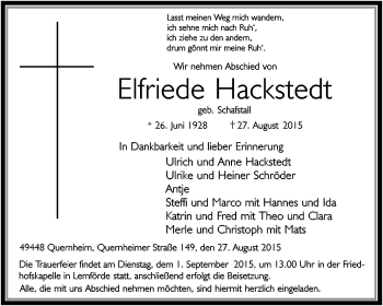 Traueranzeige von Elfriede Hackstedt von KRZ