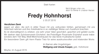 Traueranzeige von Fredy Hohnhorst von KRZ