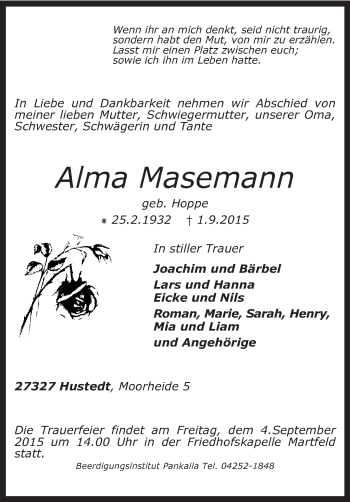 Traueranzeige von Alma Masemann von KRZ