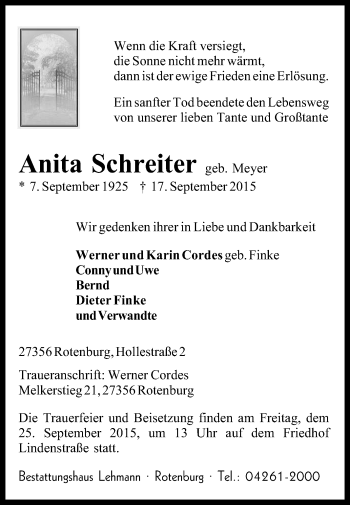 Traueranzeige von Anita Schreiter von KRZ