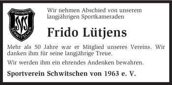 Traueranzeige von Frido Lütjens von KRZ