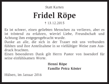 Traueranzeige von Fridel Röpe von KRZ