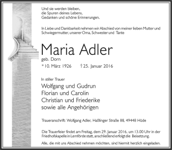 Traueranzeige von Maria Adler von KRZ