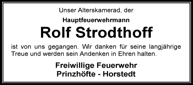  Traueranzeige für Rolf Strodthoff vom 20.01.2016 aus KRZ