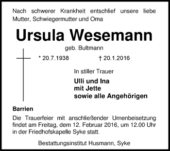 Traueranzeige von Ursula Wesemann von KRZ