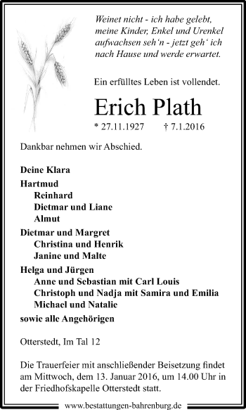 Traueranzeige von Erich Plath von KRZ