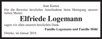 Traueranzeige von Elfriede Logemann von KRZ